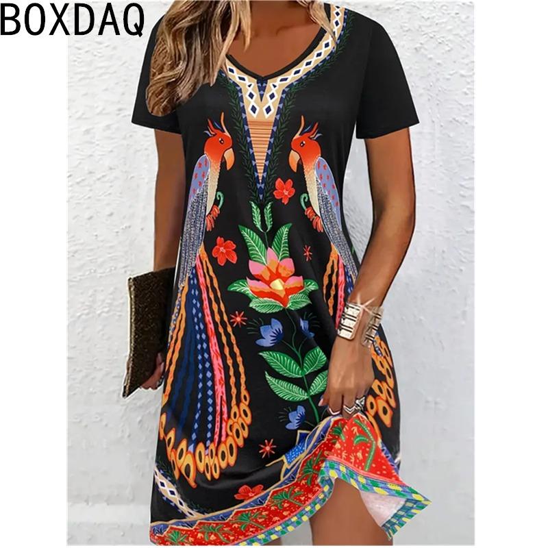 Damen Sommerkleid Kurzarm V-Ausschnitt Lässig 3D Vintage Blumen Print Elegantes A-Linien-Kleid