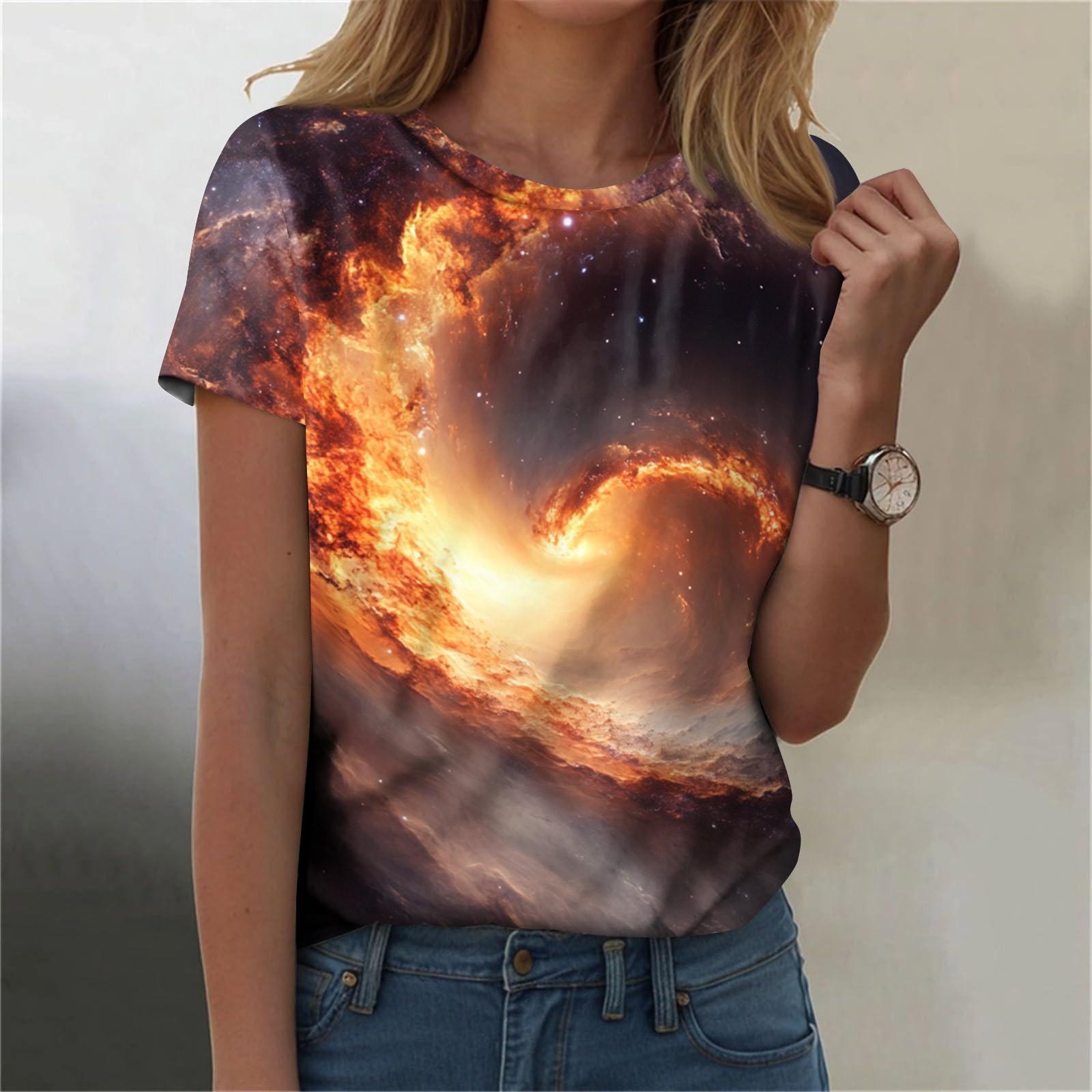 

Женская мода Sky Print модная универсальная облегающая футболка с коротким рукавом XXXL оранжевый