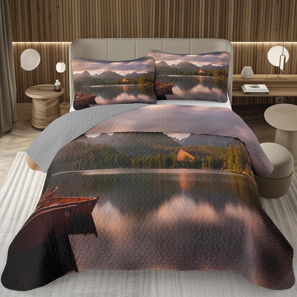 Smoky Mountain Quilt Set Queen for Teens Adults,Trees Coverlet Set,Misty Tree Landscape Bedspread Set,Nature Woodland Bed Cover