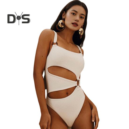 Women Monokini Padded Underwire Solid Color Square Neck One-Piece Bikini with Hollow Design Beach Vacation Swimwear