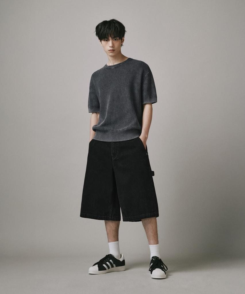 Beodeonteu Dyed Washed Carpenter Cotton Bermuda Shorts [Black]