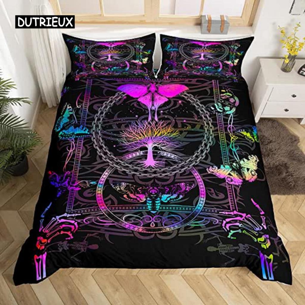 Boho Moth Duvet Cover Gothic Skull Bedding Set for Girls Women Bedroom Decor Moon Star Personalized Moth Skull Skeleton Bones