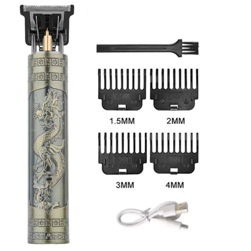 Vintage T9 Barber Clipper Rechargeable Cordless Hair Trimmer Kit For Men Professional Grade With Dragon Engraved Retro Design