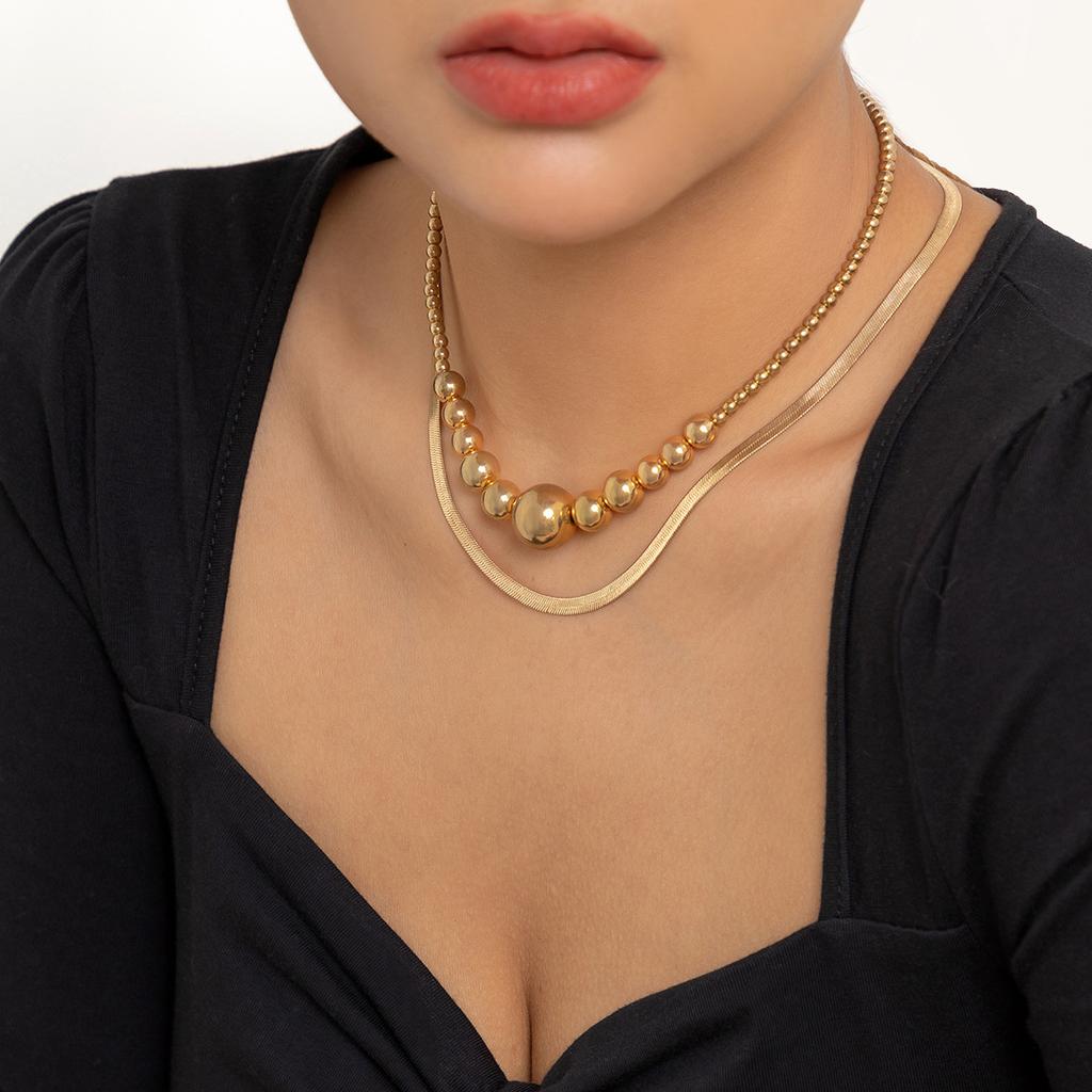 Fashion double-layer beaded collarbone chain necklace, retro cold wind snake bone chain necklace