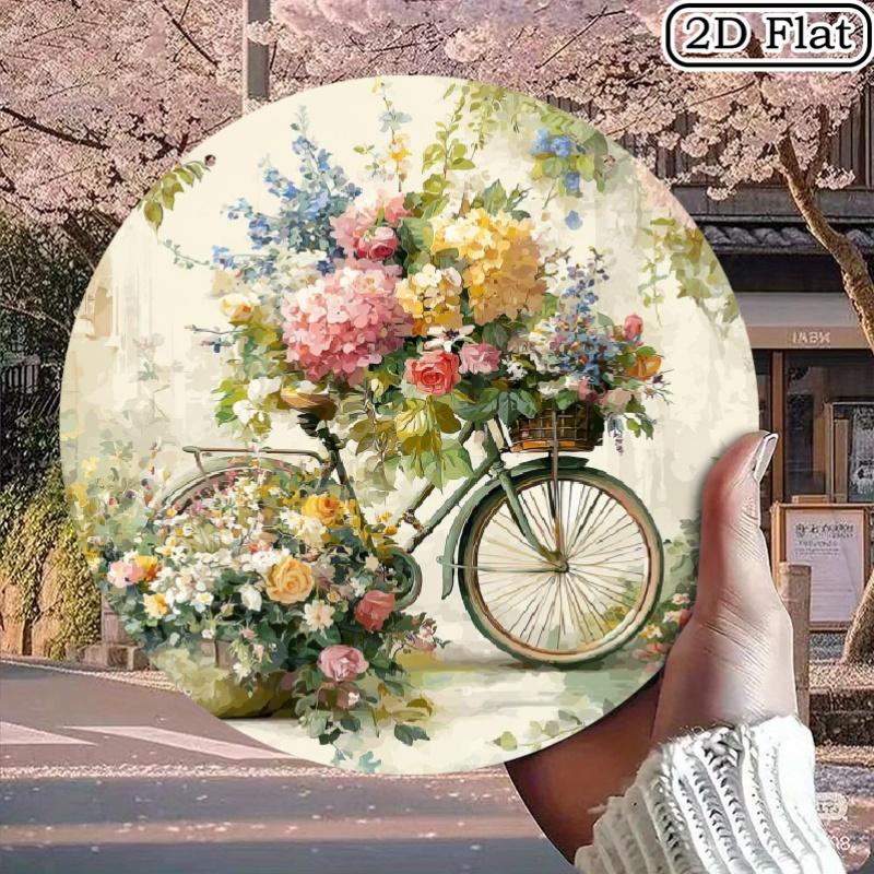 Vintage Bicycle and Spring Flowers Round Metal Sign WallMountable Iron Decor for Home Garden Kitchen Caf Spring