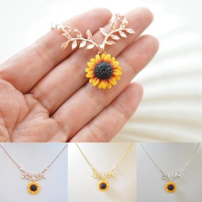 Women Faux Pearl Sunflower Leaf Branch Twig Pendant Necklace Jewelry