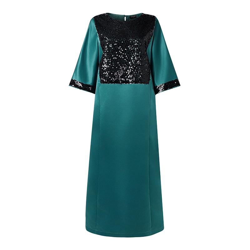 Dámské maxi šaty plus size s výstřihem do V, netopýřími rukávy, flitrovou patchworkovou aplikací, ležérního volného střihu