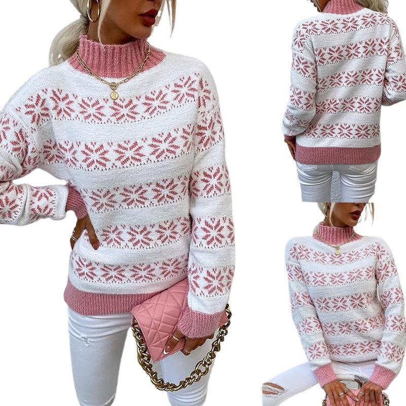 Popular OZON autumn and winter women's clothing Christmas snowflake pattern semi-turtleneck sweater knitted sweater top