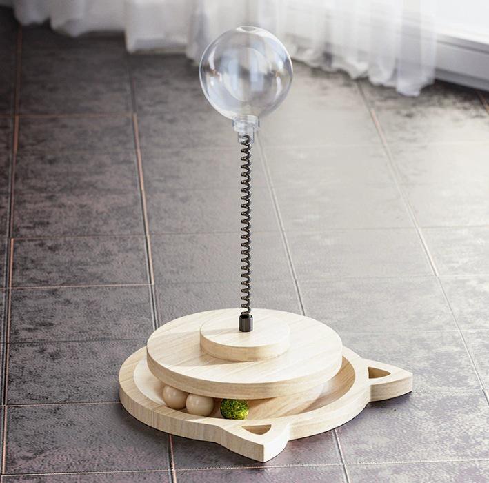 Solid Wood Rotating Catnip Ball and Teaser Wand Set - Cat Food Dispenser & Toy