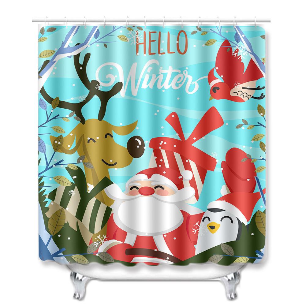 Christmas Shower Curtain Floor Mat Combination Four-Piece Set Bathroom Toilet Carpet Shower Room Mat Foot Mat