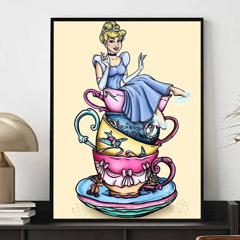 Disney Diamond Painting Cinderella Teacup Stacking Creative Illustration Cartoon Diamond Painting Full Diamond Cross-Stitch DIY Gift Home Decoration