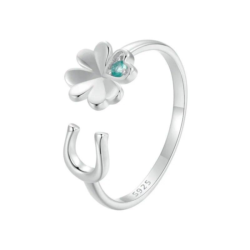 

BAMOER Стерлингового Серебра 925 пробы Lucky Четырехлистный Клевер Регулируемое Кольцо Подкова Открытое Кольцо для Женщин Оригинальный Дизайн Изящных Ювелирных Изделий SCR993-E серебряный