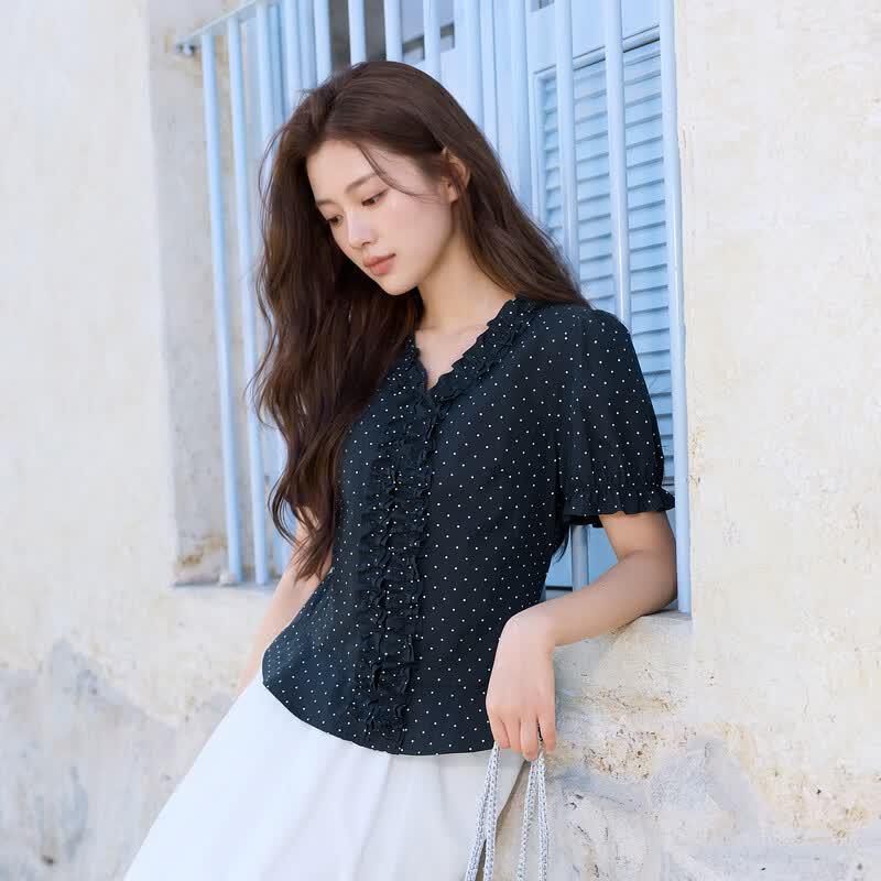 Sancai Plus Size V-Neck Polka Dot Short Sleeve Blouse