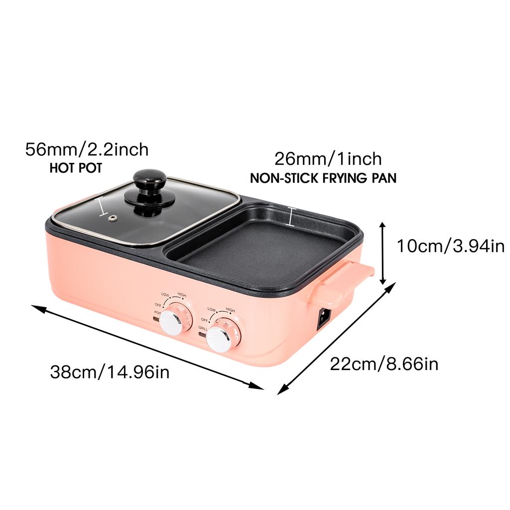 Electric Hot Pot with Grill, 2 In 1 Nonstick Griddle&Hot Pot for Steak/Shabu Shabu/BBQ, Separate Dual Temperature Control, Pink