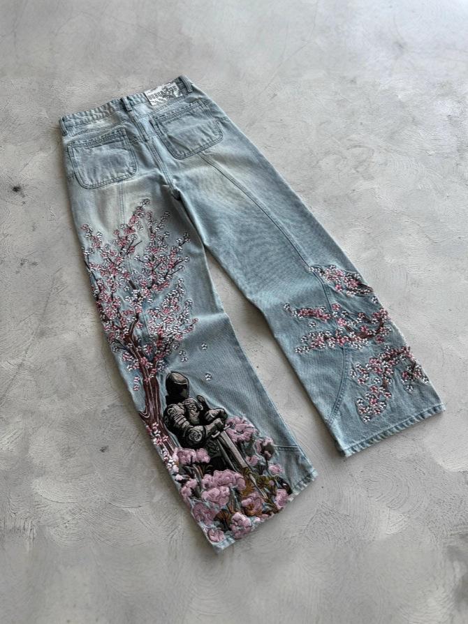 Unisex Mid Waist Flare Wide Leg Pants American Vintage Hip Hop 3D Big Letter Print Non Stretch Polyester Denim Look Trousers