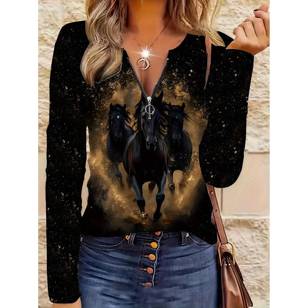 Elegant Casual Comfortable Style Painting Animal Horse Elements Printing Pattern Code Women's Clothing Crew Neck Zipper Long Sleeve