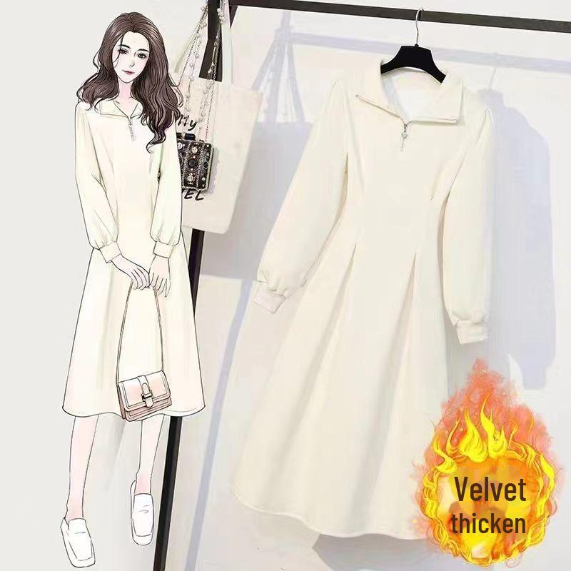 

Женское платье-свитер на молнии в корейском стиле больших размеров - плотный бархат, однотонный, повседневная длинная юбка на осень/зиму XL (115-130 jin)