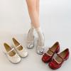 Fashion Red Pumps for Women Spring Autumn Thick Middle Heel Leather Women's Single Shoes Fashion Round Toe Bow Heeled Mary Jane Shoes