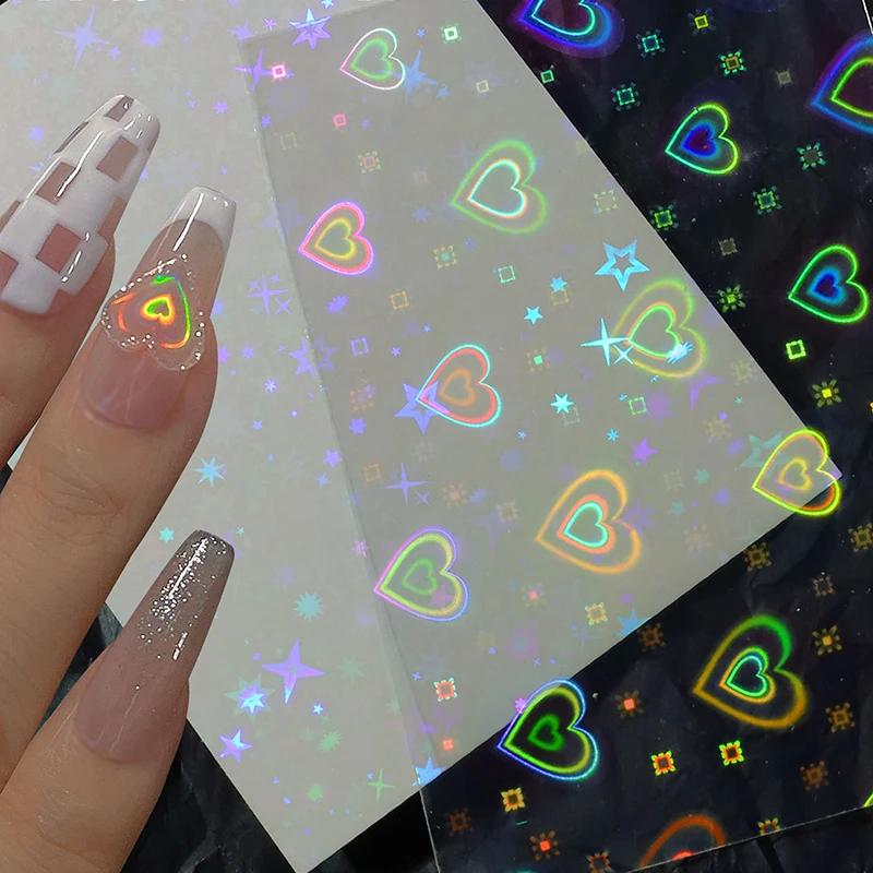 1PC Laser Nail Stickers Holographic Sliders Stars Hearts 3D Transfer Decals DIY Tips Nail Art Decorations Manicure Accessories