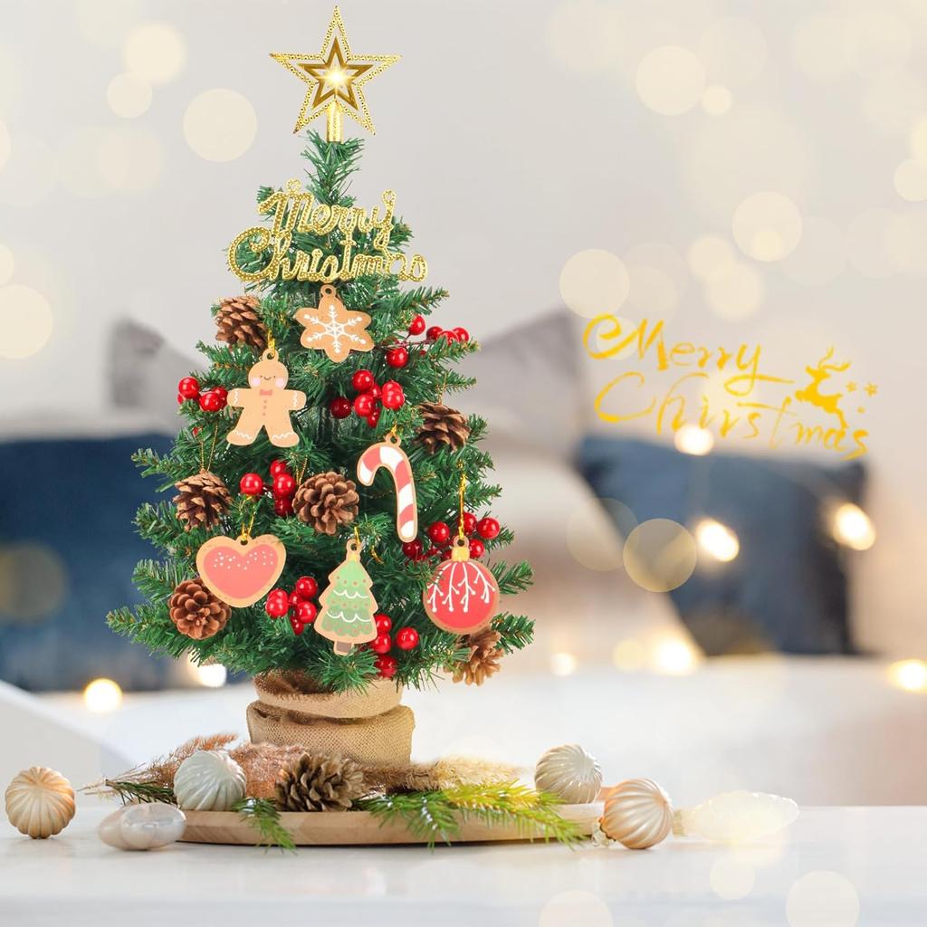 Artificial Mini Christmas Tree, 22Inch Tabletop Christmas Trees 65 Branch Tips Small XmasTrees with Ornaments for Indoor Desktop