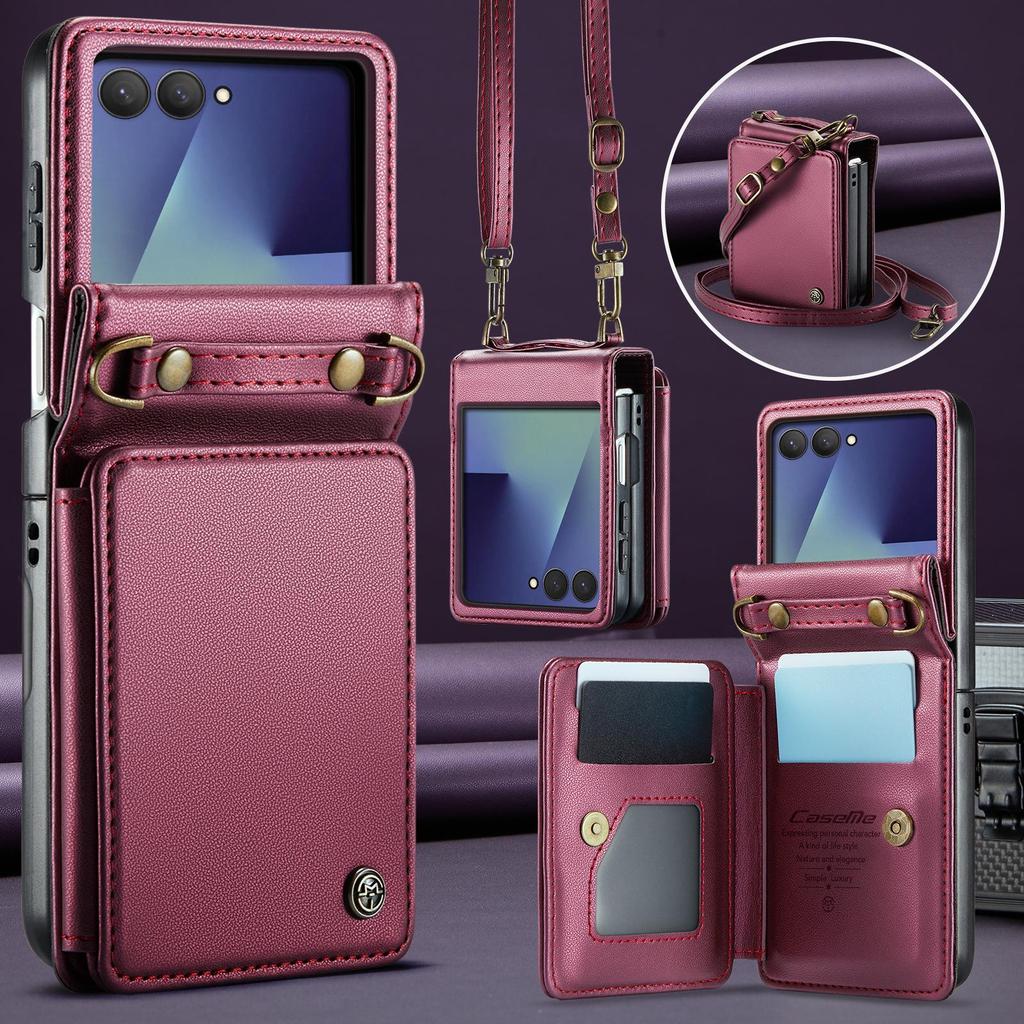 Samsung Galaxy ZFlip7/6/5 Leder Handyhülle mit Umhängeband und Kartenhalter