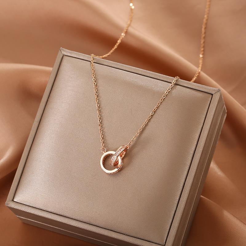 Korean Style Double Ring Full Diamond Titanium Steel Necklace Women Clavicle Chain