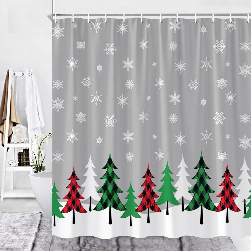 Vánoční sprchový závěs sada červených koupelnových závěsů s buvolí kostkou, vánoční stromeček, sněhová vločka, sníh, novoroční dekorace, látka, háčky na látky