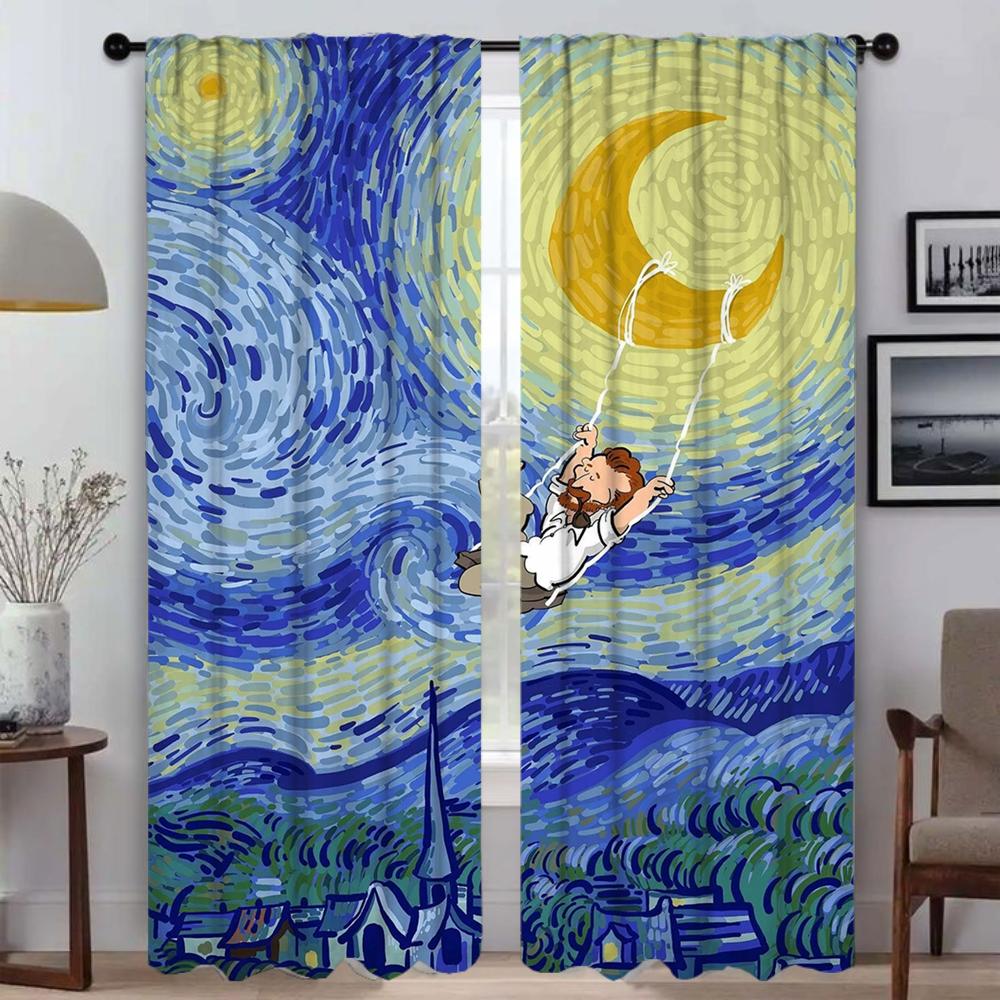 Zatemňovací kuchyňské závěsy pro obývací pokoj Závěs Van Gogh Domácí interiérové závěsy 2 kusy Stínítka Dělící tyl pro ložnici