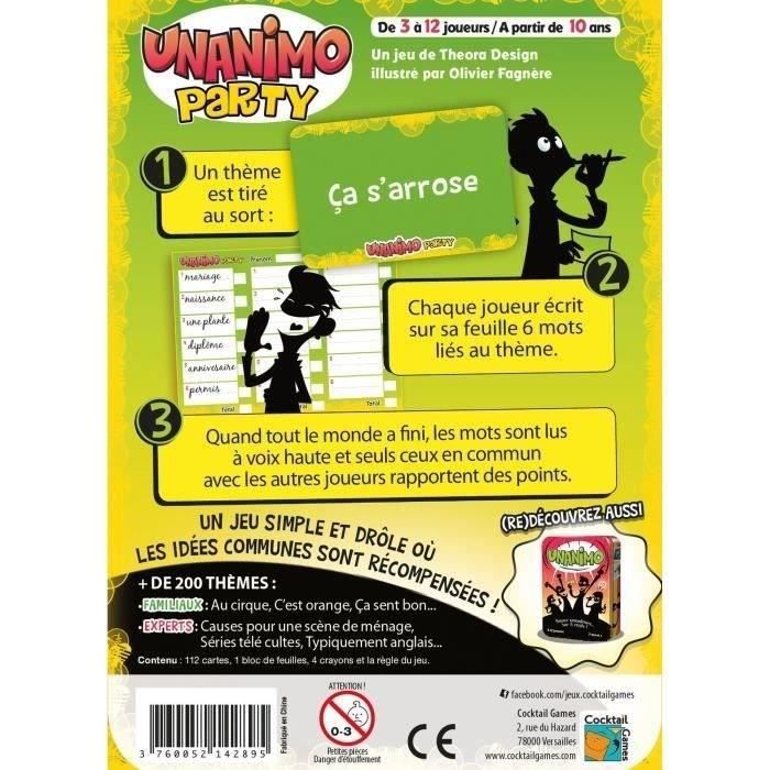 Unanimo : party | jeu de société | à partir de 10 ans | 3 à 12 joueurs | 20 minutes | cocktail games