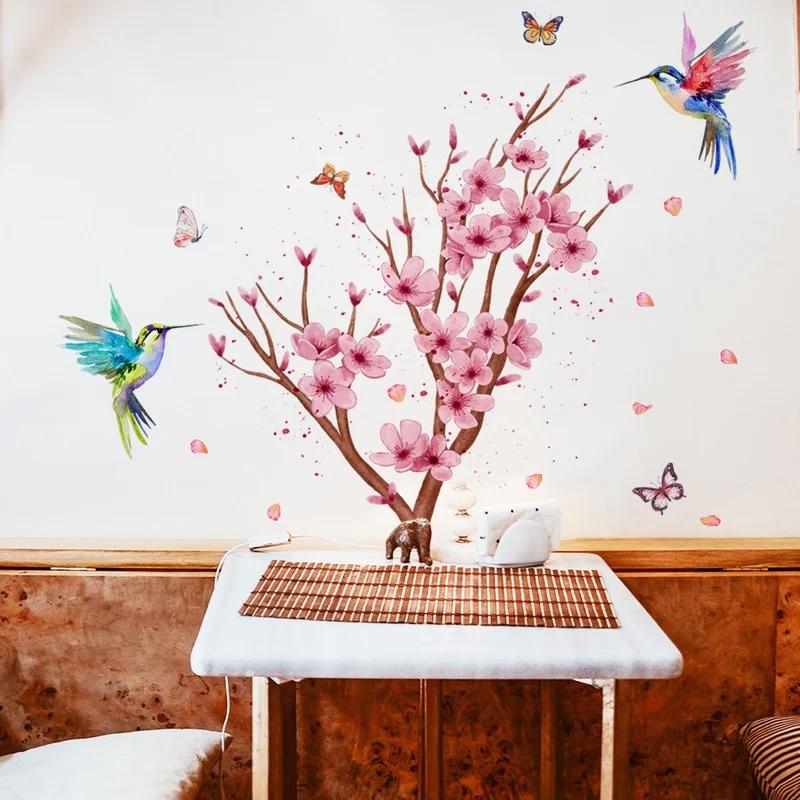 Peach Blossom Branch Bird Butterfly Wall Stickers Bedroom Living Room Background Home Decor Self-Adhesive Wallpaper
