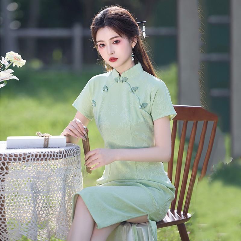 Womens Modern Chinese-Style Long Cheongsam Dress Pink Jade Knit Jacquard Short Sleeve Retro Fit