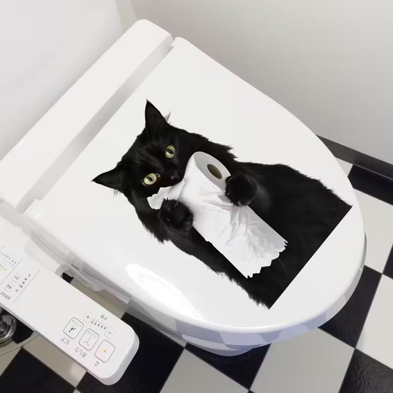 Funny Black Cat Toilet Sticker Self Adhesive Waterproof Bathroom Toilet Paper Decor