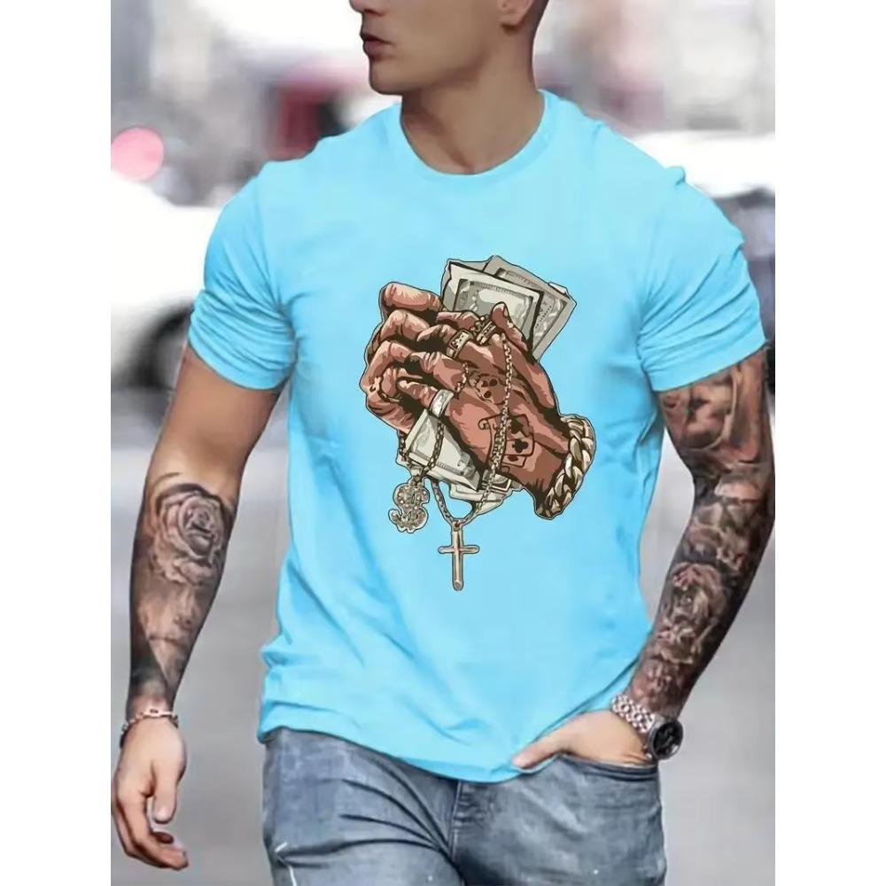Hands Money Print, Men's T-shirt, Round Neck Short Sleeve Tops, Patterned T-shirt, Men's Summer Wear, Men's Clothing