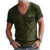 Men Summer T-shirt V Neck Short Sleeves Solid Color Stretchy Chest Pocket Thin Quick Dry Simple Style Casual Daily Wear Sport To