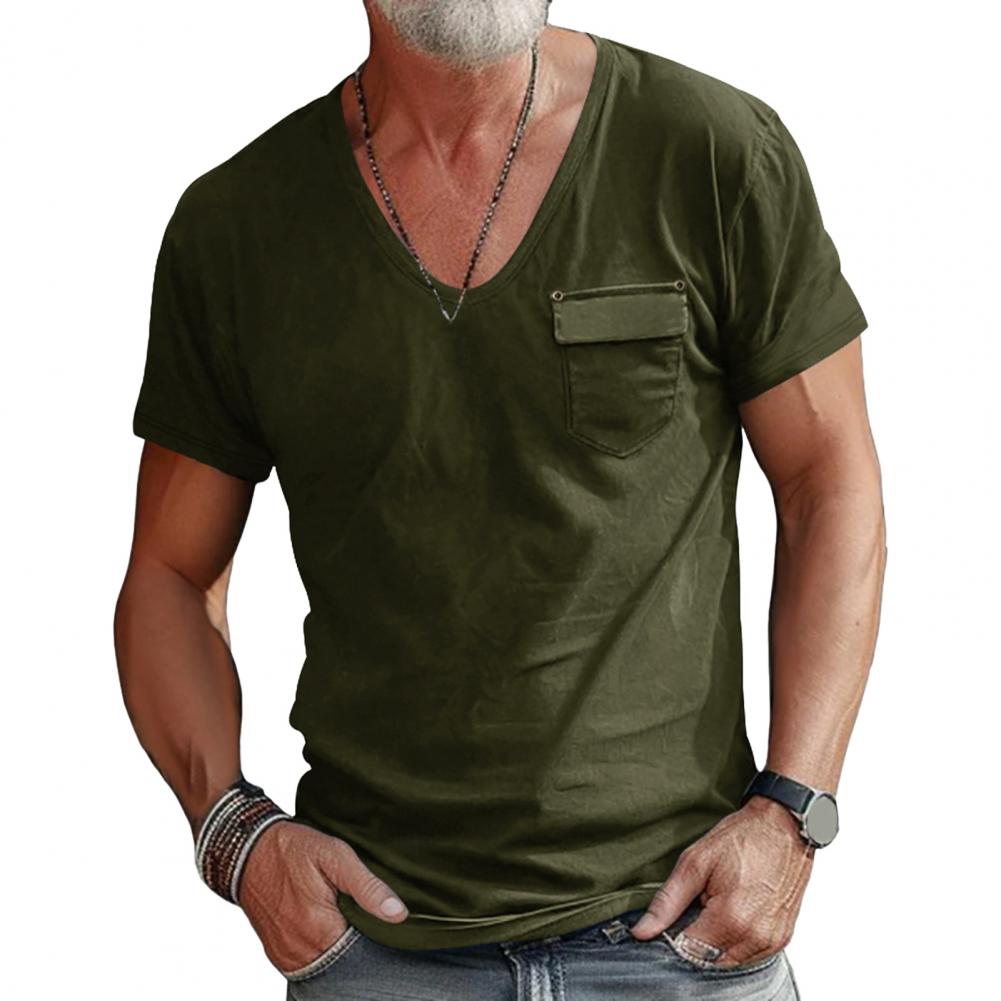Men Summer T-shirt V Neck Short Sleeves Solid Color Stretchy Chest Pocket Thin Quick Dry Simple Style Casual Daily Wear Sport To