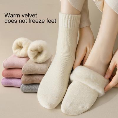 1 Pair Women Winter Socks Mid-tube Thickened Warm Soft Plush No Odor Solid Color High Elasticity Anti-slip Sweat-absorption Anti-shrink Sports Socks