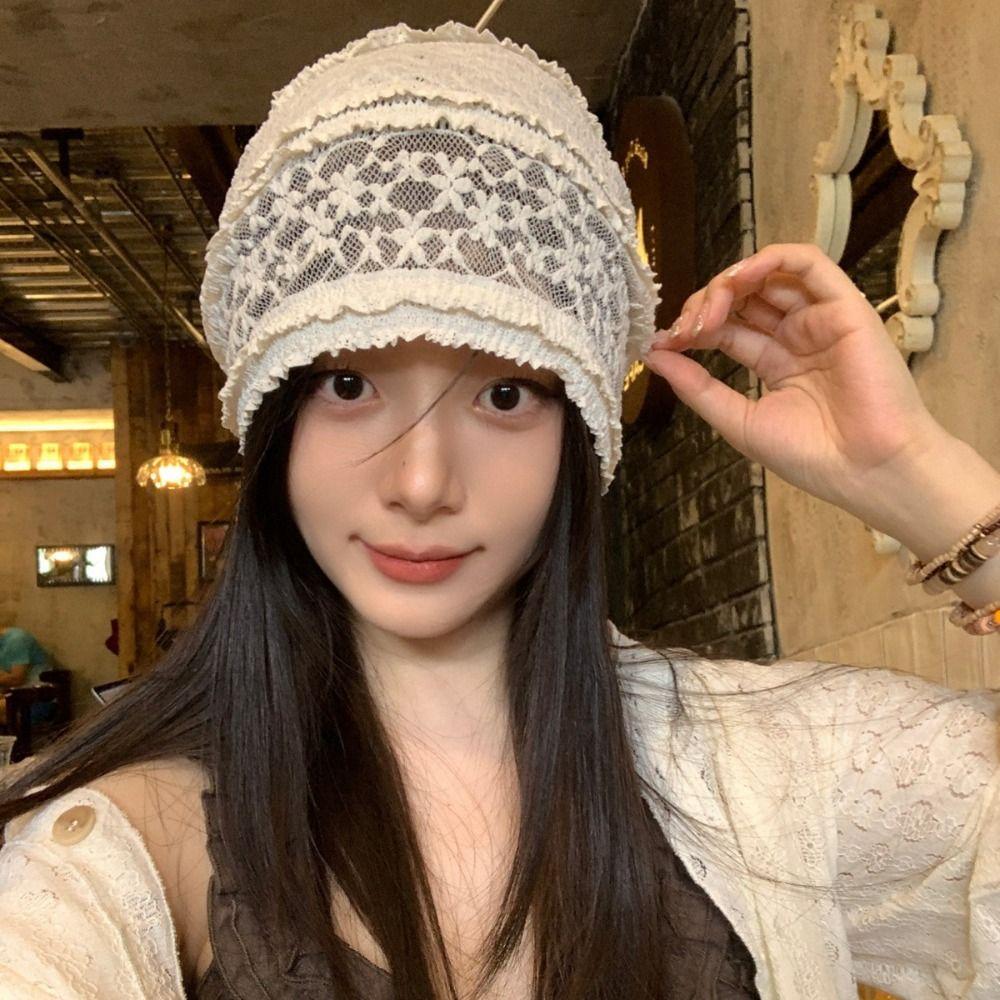 Breathable Beanies Hat Y2k Flower Cap Cute Embroidered Lace Hat  Apparel Accessories
