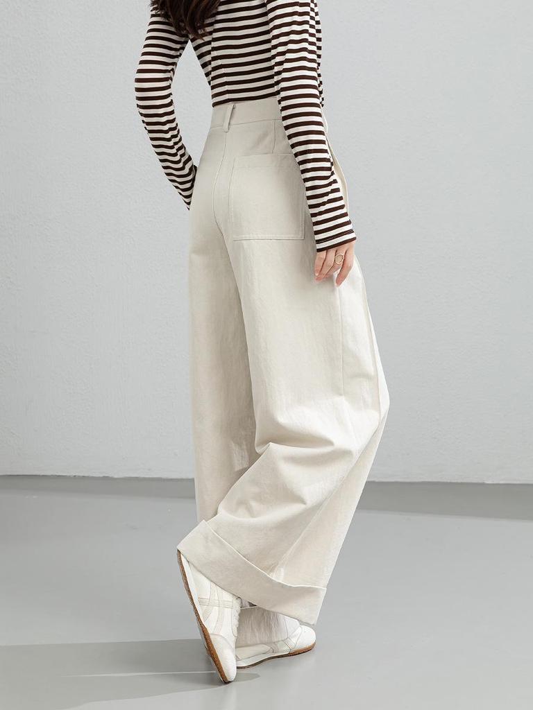 Xin Ge Women's Spring Tencel Cotton High Waist Wide Leg Pants with a Lazy Style Design
