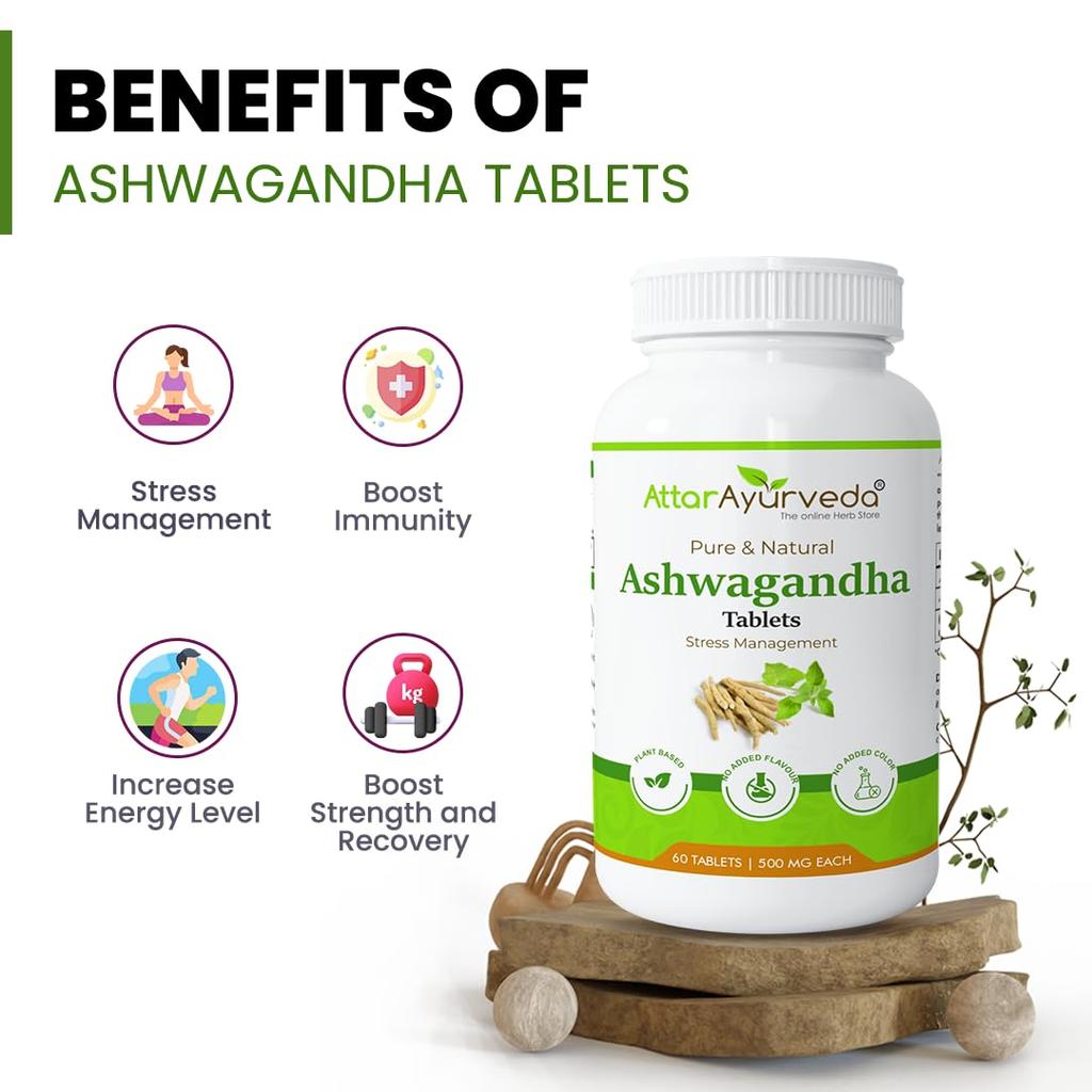 Attar Ayurveda Ashwagandha tablet (500mg) - 60 tablets | General Wellness | Stress Relief | Improves Strength and Energy | Pure and Natural