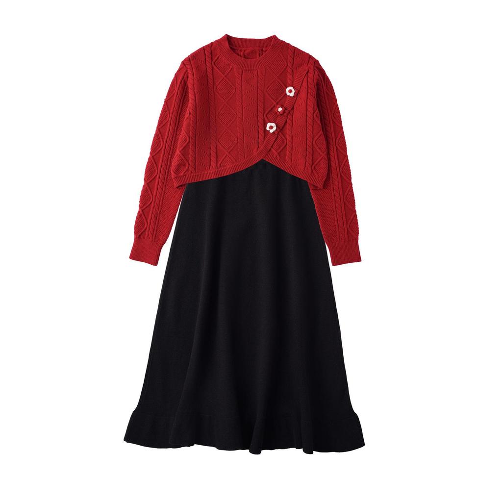 New Parent-Child Red Sweater: Women's Dress & Men's Top, Autumn/Winter Thick Knit Korean Style Family Outfit.