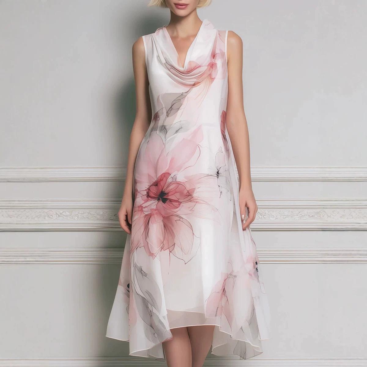 2026 summer new European and American women s clothing, single **** size printed flower double-layer sleeveless dress S