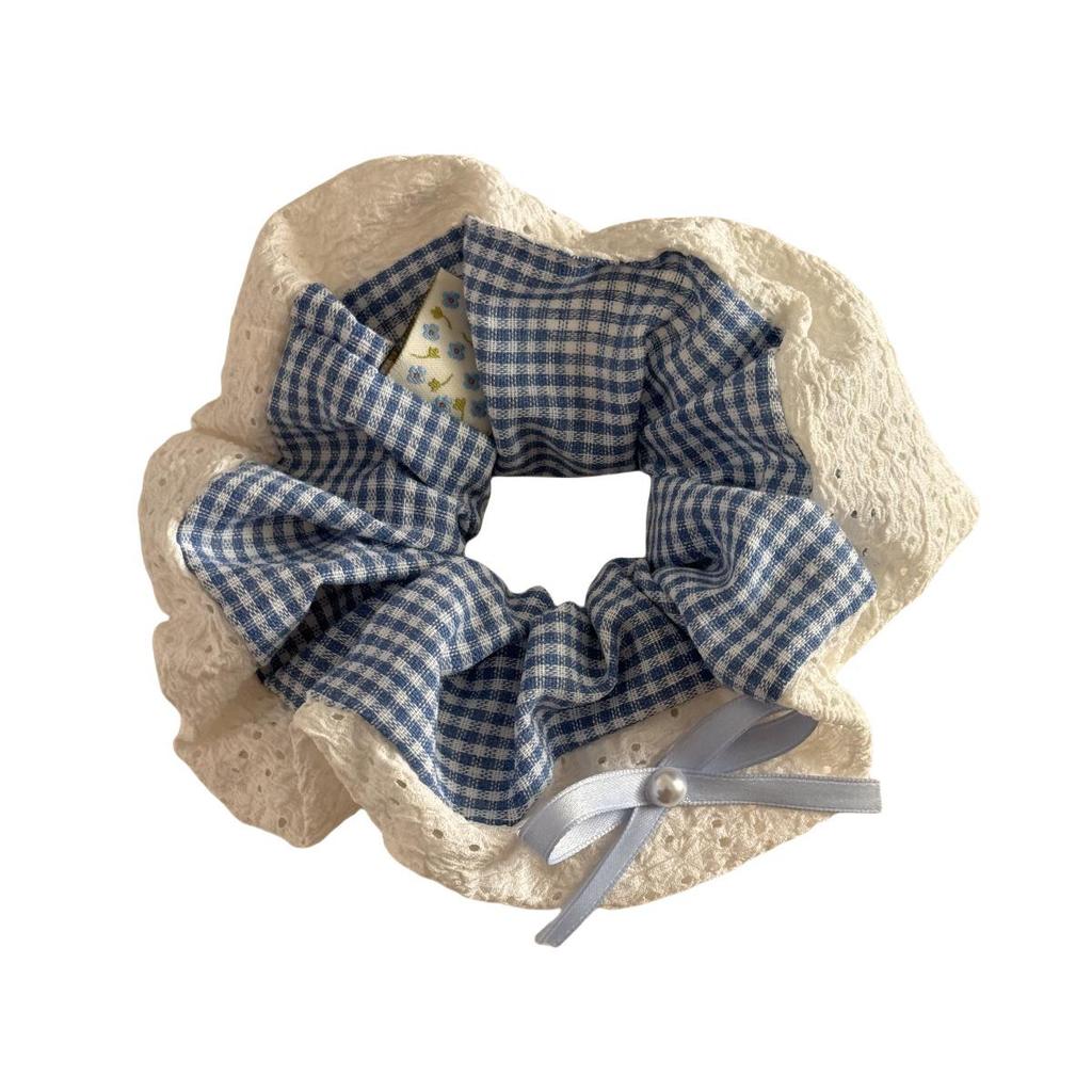 Blue Plaid Double-Sided Bow Ballet Hair Tie - Mori Style