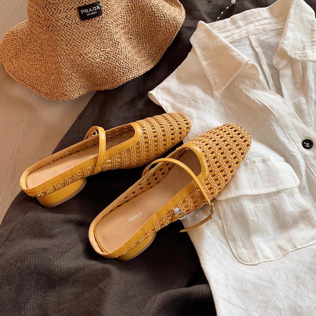Retro Woven Hollow Square Head Word with Thick Heel Sandals Muller Half Slippers Women's Summer Outer Wear Bag Head Empty Single Shoes