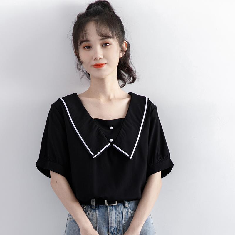 

2022 летняя новая рубашка в студенческом стиле с кукольным воротником и короткими рукавами, женская летняя дизайнерская черная рубашка, топ-тренд в иностранном стиле
