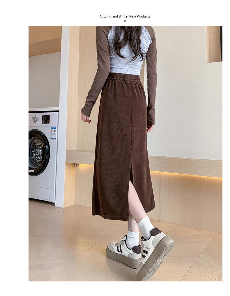 H253 Retro European Cotton Velvet A-line Skirt with Back Slit - Slimming Mid-Length Versatile Women's Skirt
