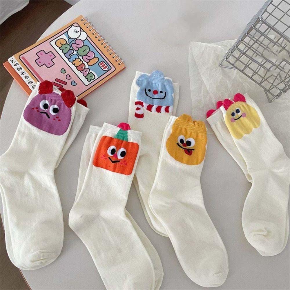 5Pairs Patchwork Short Socks Women Cute Mid Calf Socks Funny Cartoon Tube Socks  Lady
