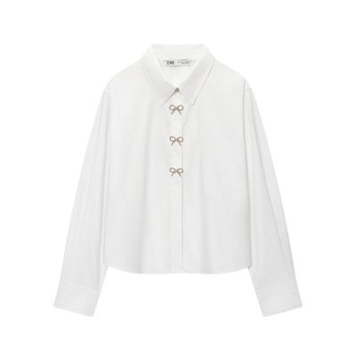 European Style Elegant Women's Poplin Shirt with Jewelry Button Decor