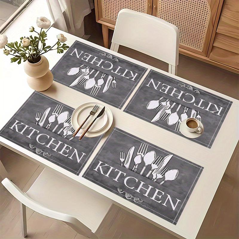 [4pcs Knife & Fork Placemats] 4pcs Linen Placemats | Black Knife & Fork Pattern | Kitchen Fabric Table Mats | Hotel Holiday Party Room Decoration