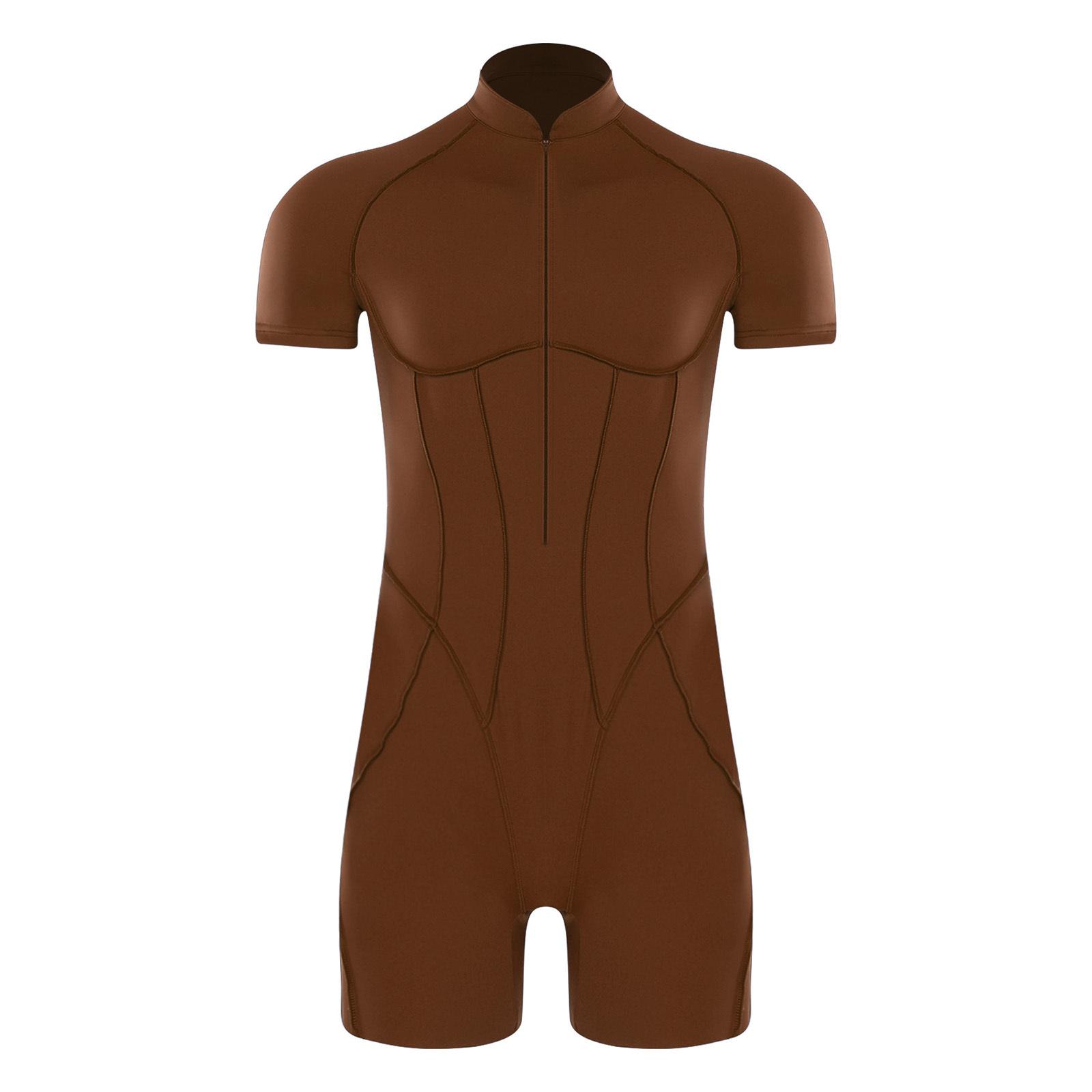 

Mens Workout Romper Bodysuit Mock Neck Front Zip Short Sleeve Shorts Bottom Leotard Bodybuilding Jumpsuit S темно-коричневого кольору