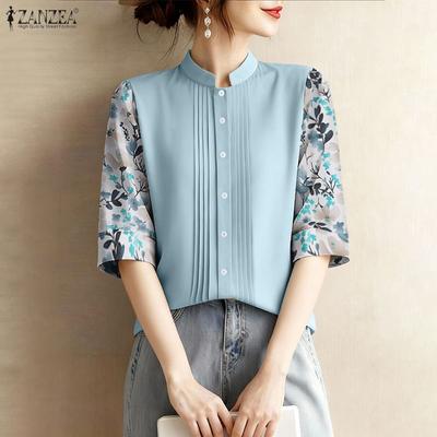 Women Floral Print Splice 3/4 Sleeve Loose Casual Blouse